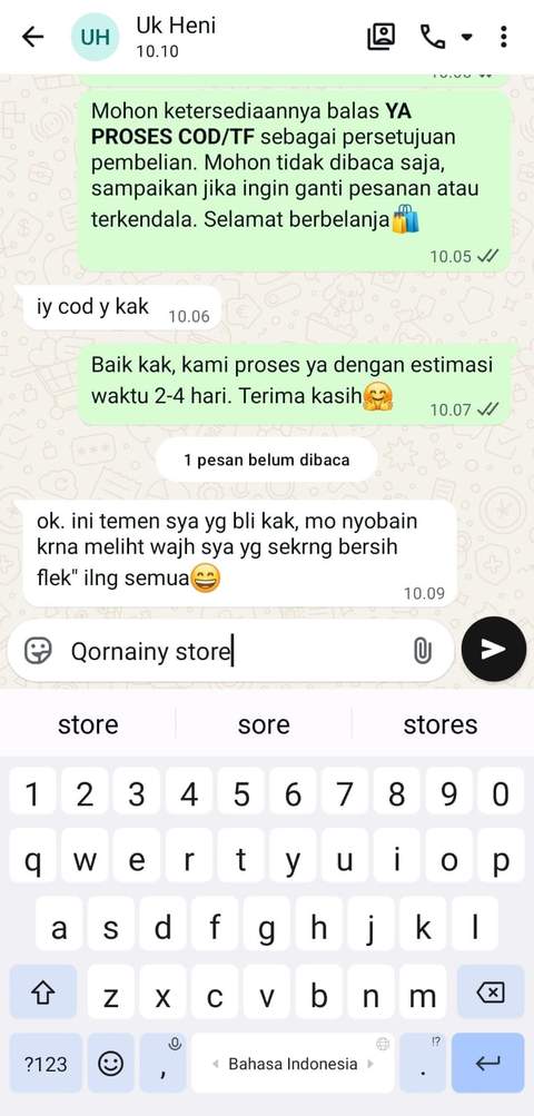 Screenshot testimoni WhatsApp dari Uk Heni pengguna Ukhtiy