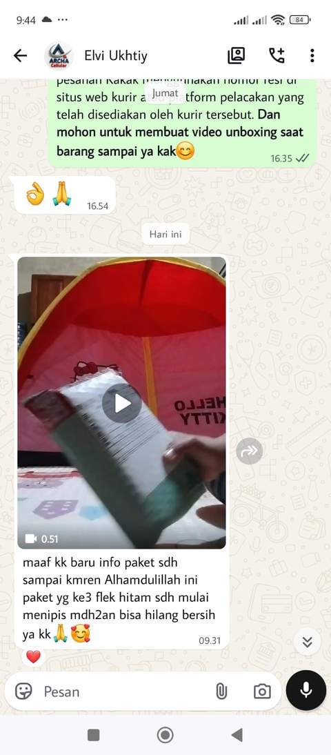 Screenshot testimoni WhatsApp dari Elvi pengguna Ukhtiy