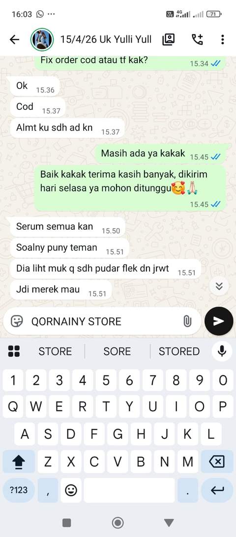 Screenshot testimoni WhatsApp dari Uk Yulli pengguna Ukhtiy
