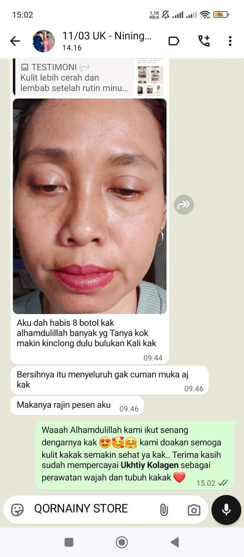 Screenshot testimoni WhatsApp dari Uk Nining pengguna Ukhtiy