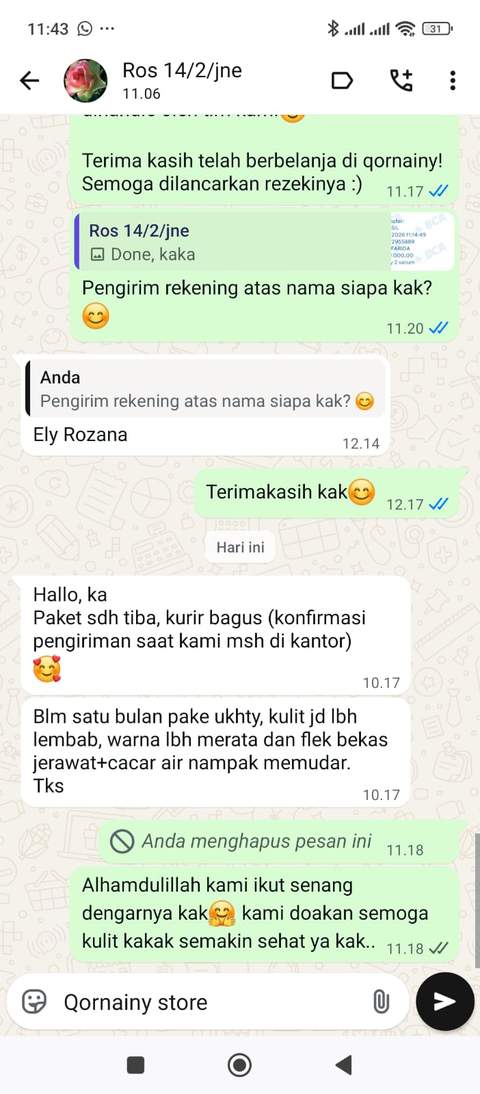 Screenshot testimoni WhatsApp dari Ros (Ely Rozana) pengguna Ukhtiy